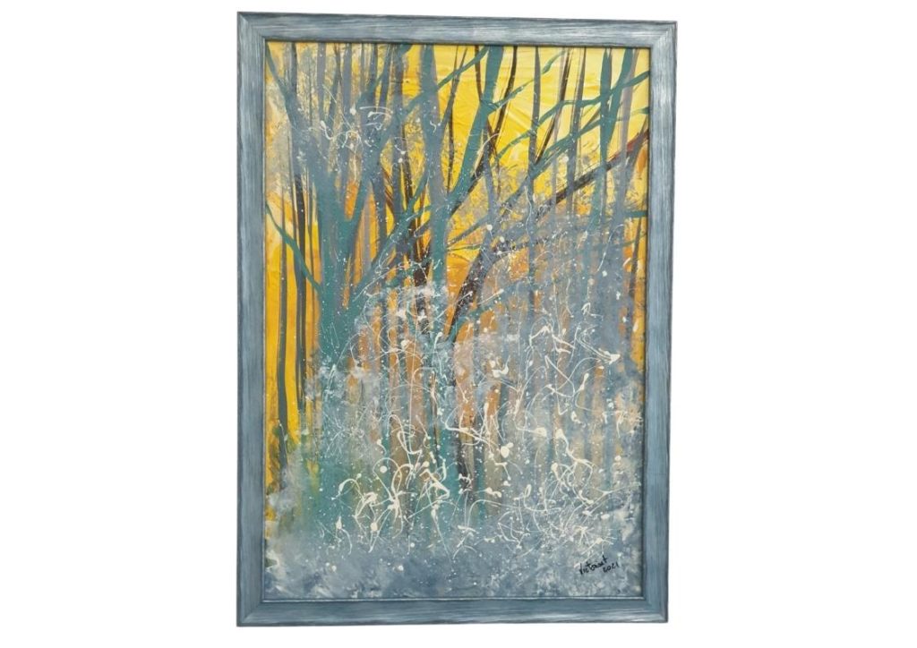 The moon behind the forest Tablou The Moon Behind the Forest cu pădure și lumină aurie – Victoria Grădinar