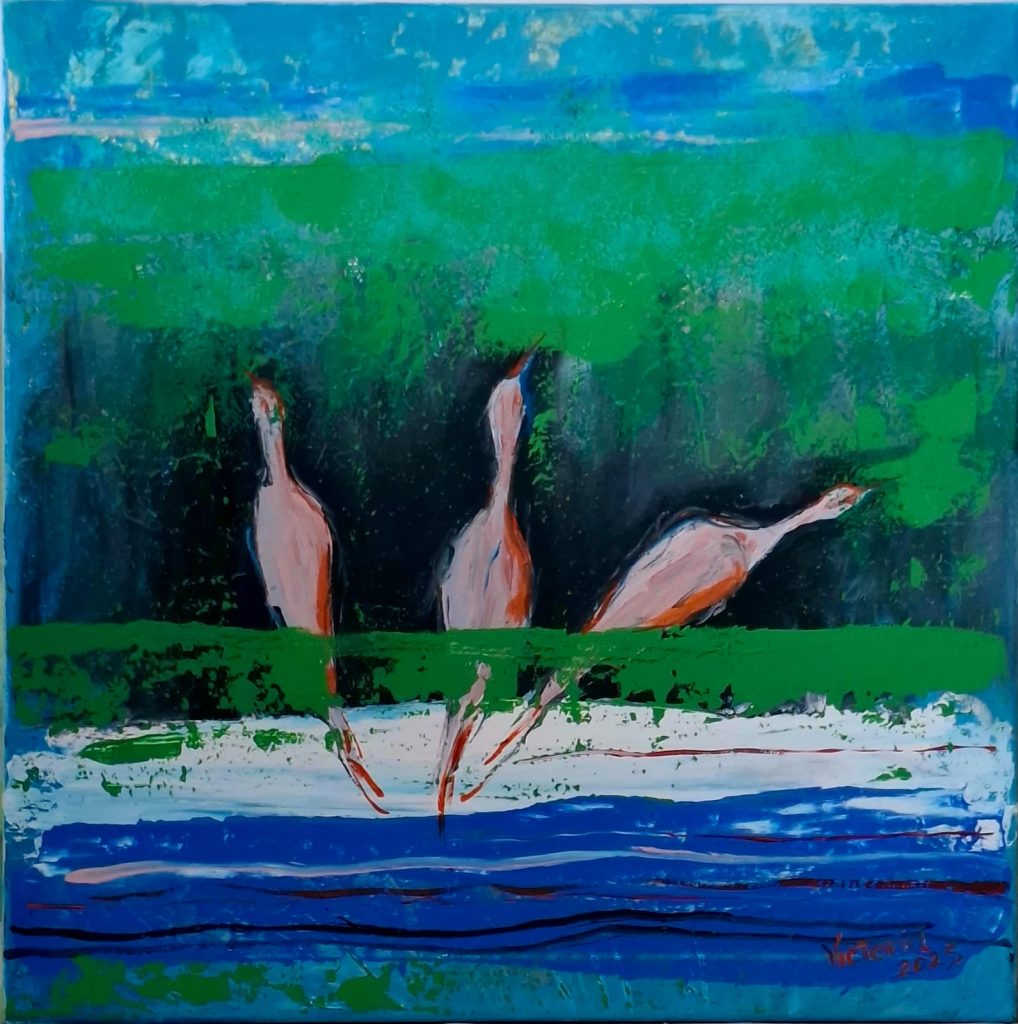 Tablou Mistery Birds cu trei păsări – pictură originală Victoria Grădinar