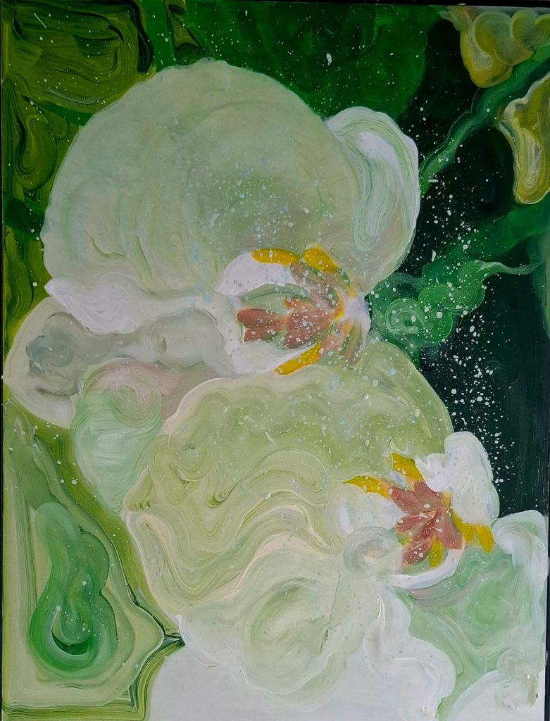 Pictura Nature's Pulse de Victoria Grădinar: compoziție abstract-florală în alb și verde, cu accente galbene și roz, 52 × 40 cm.